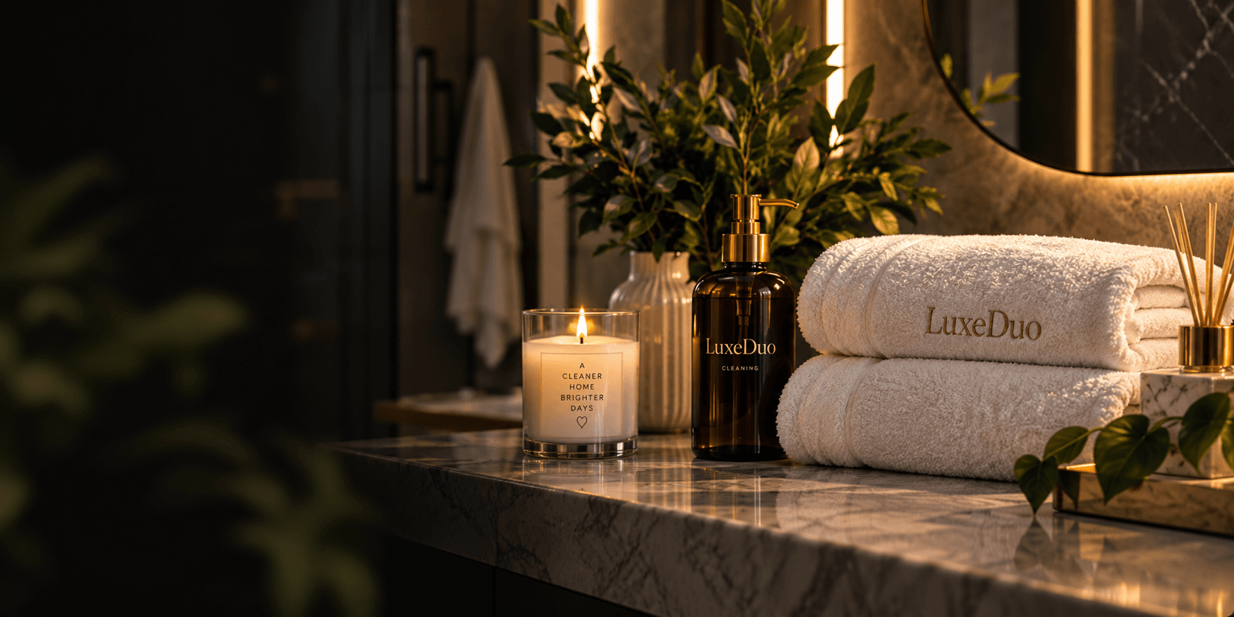 Folded towels, an amber cleaning bottle, a candle, and greenery in a warm, elegant interior